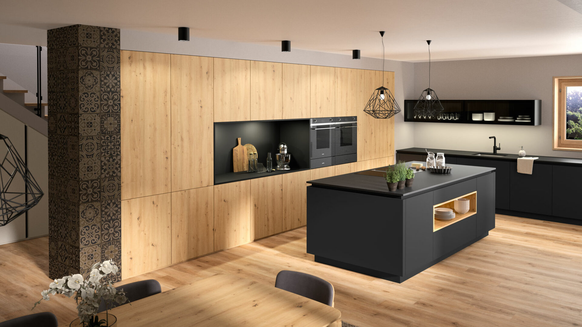 Echtholzfunier kombiniert mit hochwertiger Lackfront der Firma Rauchenzauner die Küche im Miele Center Rehrl 